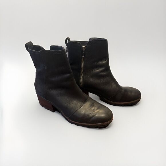SOREL Cate Bootie Black Leather Suede Size 10 41 Block Heel Side Zip Waterproof - Picture 2 of 10